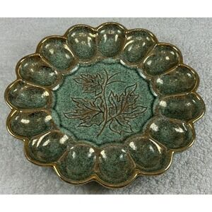 Vtg California Original Pottery 703 Egg Dish Green w/Gold Splatter Leaf **READ**
